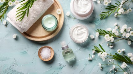 Spa Essentials on Light Blue Background
