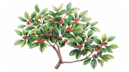 A bright watercolor illustration of a tupelo tree, illustrating its glossy green leaves and bright red berries, isolate on white background with copy space
