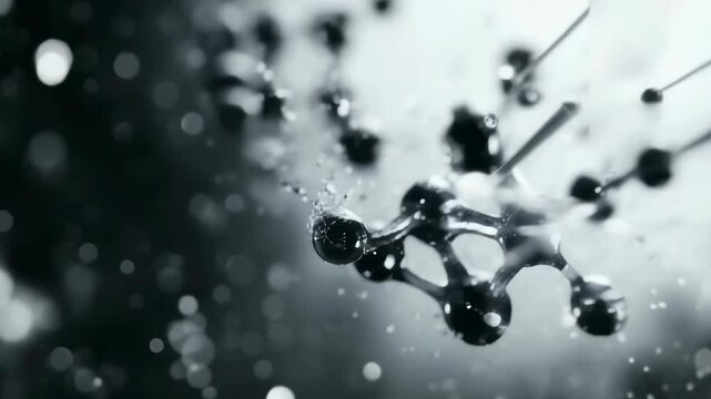 Grayscale close-up of water molecules floating with droplets. The blurred background highlights the structure of the molecules. Captured in a scientific and artistic perspective.