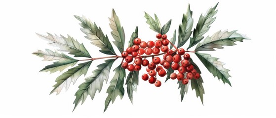 A bright watercolor illustration of a rowan tree, showcasing its clusters of red berries and feathery green leaves, isolate on white background with copy space