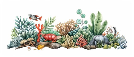 Fototapeta premium A charming watercolor illustration of ecology, capturing the interconnectedness of ecosystems with plants, animals, and habitats, isolate on white background with copy space