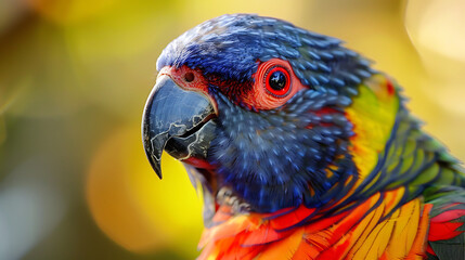 Naklejka premium a close-up of a vibrant parrot with orange, blue, and yellow feathers. The bird has a striking red area around its eyes, and its large grey beak adds to its unique appearance