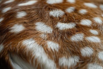 A close up of a deer's fur with white spots. The fur is brown and white, and the spots are small and evenly spaced. The fur appears to be soft and fluffy, giving the impression of warmth and comfort