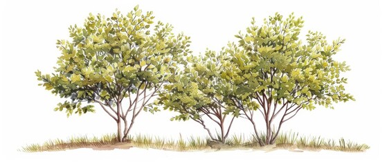 A delicate watercolor depiction of hornbeam trees, showcasing their finely toothed leaves and elegant, layered branches, isolate on white background with copy space