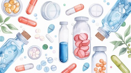 A detailed watercolor depiction of pharmacology, showcasing the discovery and effects of drugs and medications, isolate on white background with copy space