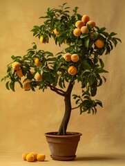 Beautiful Peach Tree with Lots of Peaches on Pink Background
