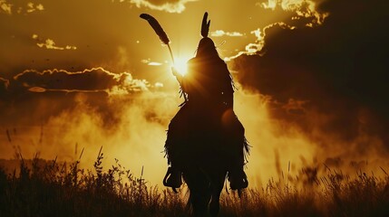 Native American warrior on horseback with spear in silhouette.