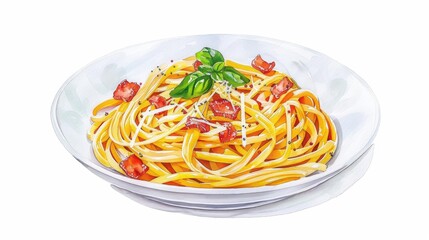 A lively watercolor rendering of carbonara, illustrating the creamy pasta with pancetta and parmesan, isolate on white background with copy space