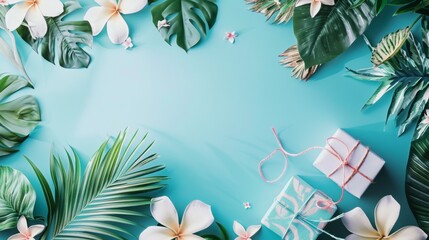 Tropical Leaves and Gift Boxes on Light Blue Background