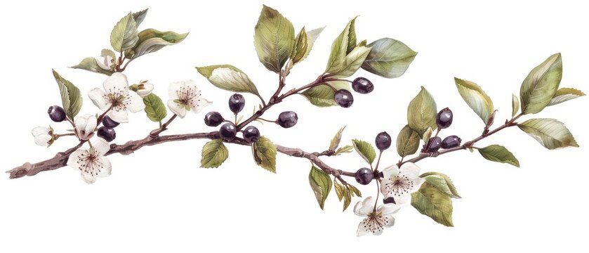 A rich watercolor painting of a serviceberry tree, capturing its white spring blossoms and dark purple summer berries, isolate on white background with copy space