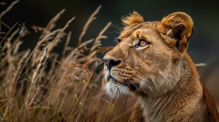 Obraz premium A lion is looking at the camera in a field of tall grass. Concept of wildness and freedom, as the lion stands tall and proud in its natural habitat