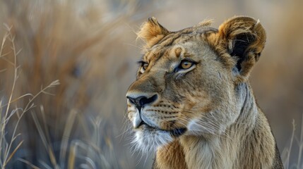 Fototapeta premium A lion is looking at the camera with its mouth open. The image has a moody and mysterious feel to it, as the lion's gaze seems to be searching for something