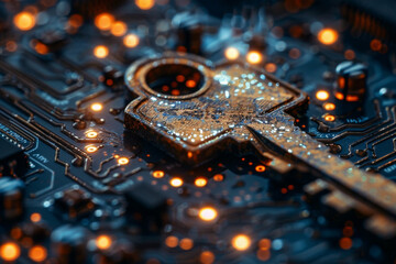 Fototapeta premium Key symbol on the electronic circuit. Cyber security concept. 