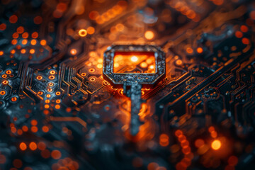 Fototapeta premium Key symbol on the electronic circuit. Cyber security concept. 