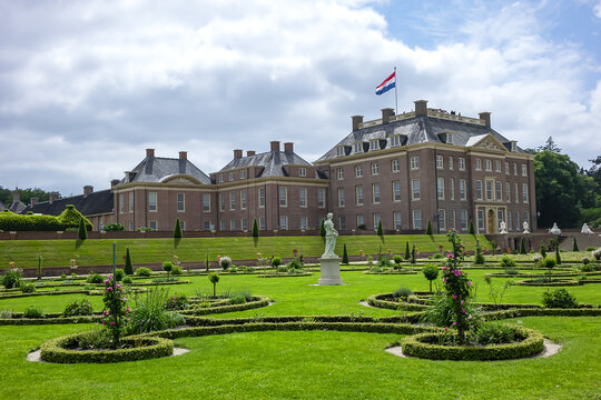 Historic Castle Het Loo. Dutch Baroque building built between 1684 and 1686 for stadtholder-king William III and his consort Princess Mary. View from the yard. APELDOORN, NETHERLANDS. JUNE 2, 2024.