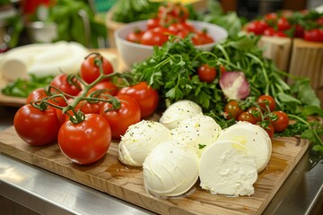 Mozzarella cheese with basil and tomatoes on a wooden background.
