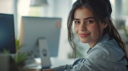 Obraz premium Hispanic woman working on computer in modern office collaborating online.