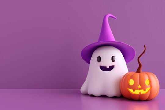 cute 3d rendered ghost in purple witch hat smiling beside a carved pumpkin on purple background, copy space for text 