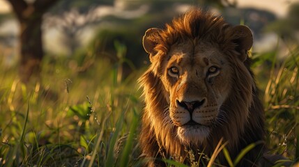 Obraz premium A beautiful male leon in a sunny morning in the savannah Kenya Africa