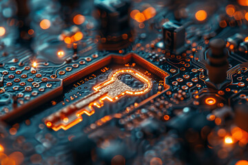 Fototapeta premium Key symbol on the electronic circuit. Cyber security concept. 