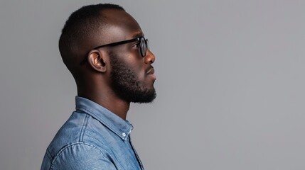 Obraz premium African man in blue shirt and glasses on gray background.
