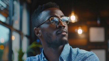 Dreamy man in glasses visualizing new opportunities at laptop.
