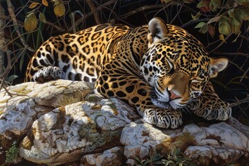 Obraz premium A jaguar is sleeping on a rock