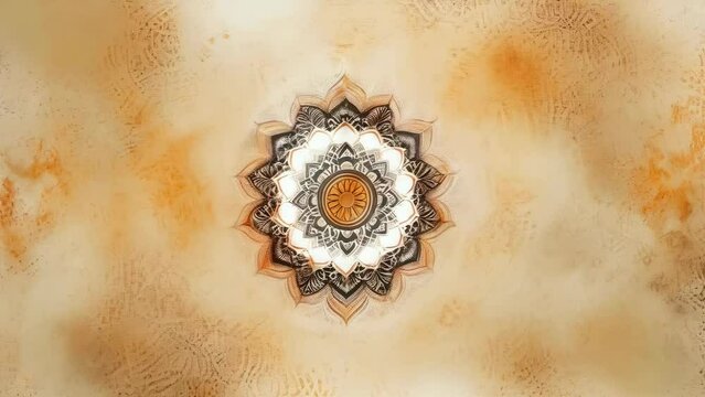 This artwork showcases an intricate mandala with geometric patterns, surrounded by warm tones of orange and brown. The design's complexity and color palette create a soothing, meditative atmosphere.
