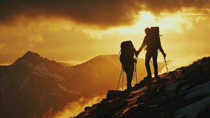 Fototapeta premium Couple hiking help each other silhouette in mountains