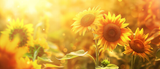 Fototapeta premium panoramic glowing sunflower field at sunset with bright golden light