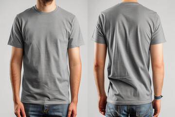 A man wearing a mockup of a plain dark blue T-shirt, photographed showing both front and back views