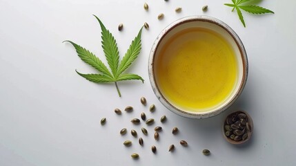 Bowl with hemp oil  leaf and seeds on white background  top view