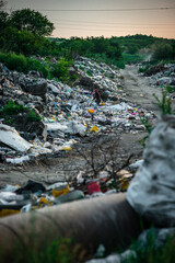 Landfill in the suburbs, sunset. Trash in the forest. Environment . Garbage . Sun . Garbage road.