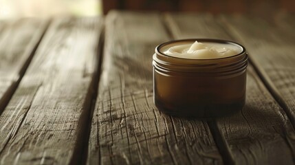 Jar of hemp lotion on wooden background