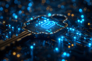 Key in blue technology background. Digital security and data protection concept.  