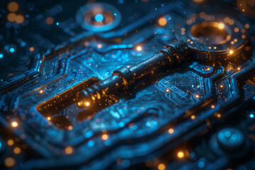 Key in blue technology background. Digital security and data protection concept.  