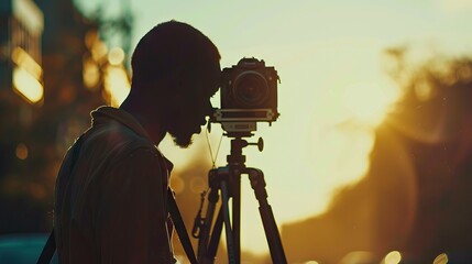 Fototapeta premium Vintage camera and photographer working together in selective focus.