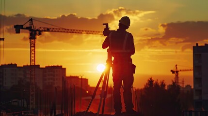 Man uses theodolite to measure coordinates for new building.