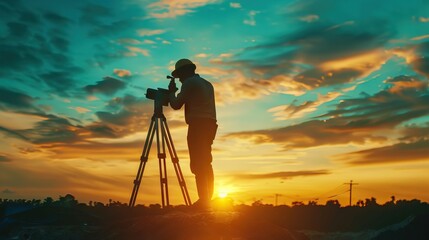 Man uses theodolite to measure coordinates for new building.