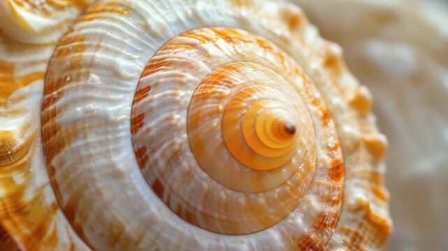 A detailed close-up of a spiral seashell showcasing its intricate orange and white patterns. The image reflects natural beauty and organic structure, possibly on a sandy beach.