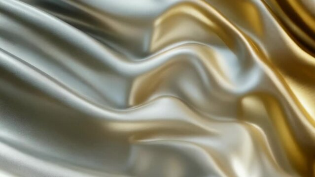 Richly textured close-up of flowing, silky fabric showing folds and creases in silver and gold hues. The smooth and luxurious material catches light, highlighting its elegance and depth.