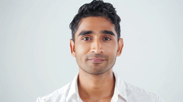 Handsome Indian man looking at camera over white studio background