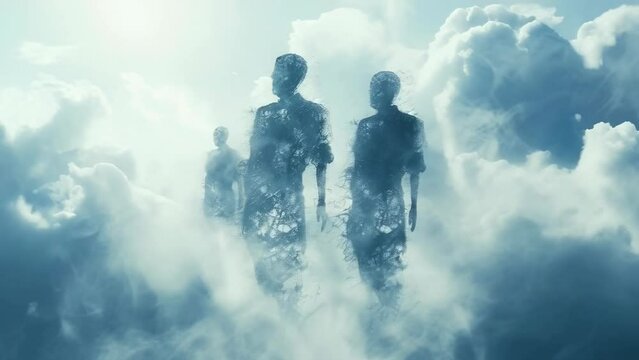 Three ethereal figures are walking through a dense, foggy cloudscape, creating a mysterious and otherworldly atmosphere. The background is filled with soft, billowing clouds, enhancing the surreal