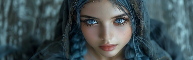  Portrait of a young girl with blue long hair dressed like a powerful magician or an elf 