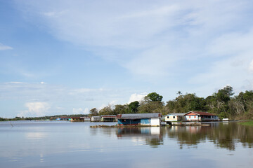 floating houses in a community in the Amazon