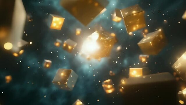 Various golden cubes float and glow in a mystical night sky, exuding a warm light. The scene is magical and surreal, with sparkling particles surrounding the cubes, creating an enchanting atmosphere.
