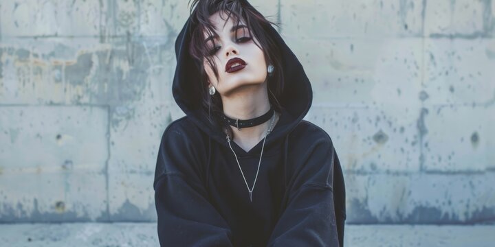 A person in an alt baddie outfit with dark lipstick, a choker necklace, oversized hoodie
