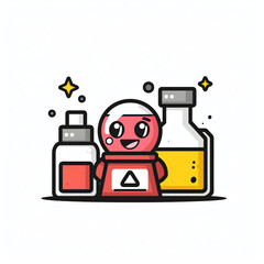 Cute cartoon laboratory supplies illustration with bottles and chemicals. Perfect for science-related projects and educational materials.