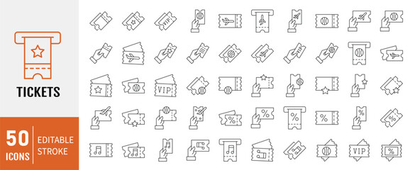 Tcket line Icon set. Editable stroke. Containing as Concert, Combo offer, Mobile Ticket and more. Vector illustration	