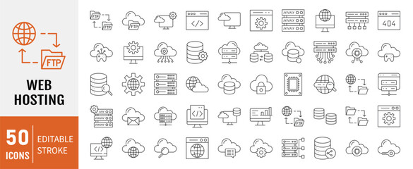 Web Hosting line editable icons set. Containing icons: Web hosting, server, data center, cloud hosting, domain, ftp, internet, database, firewall and more. Vector illustration